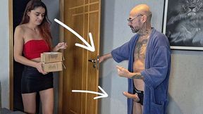 Perverted man receives delivery woman with an erection!